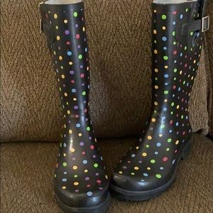 Black rainbow polka dot rain boots